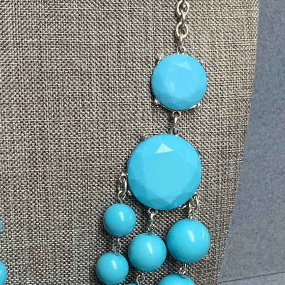Chunky Statement Necklace 20 In Turquoise Blue Triple Strand Beads Silver Chain - Picture 5 of 7